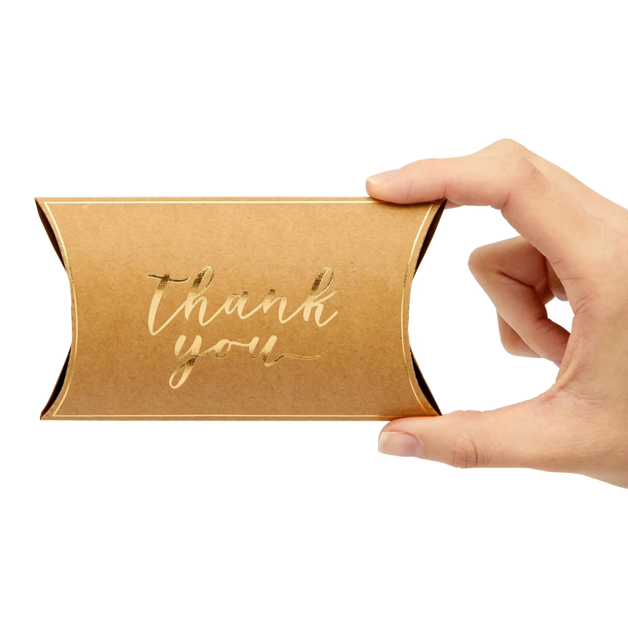 100-Pack Wedding Favor Pillow Boxes, Bulk 5.2x3.2-Inch Kraft Paper Thank You Gift Boxes with 1 Roll Jute String for Party Favors (Brown with Gold Script)