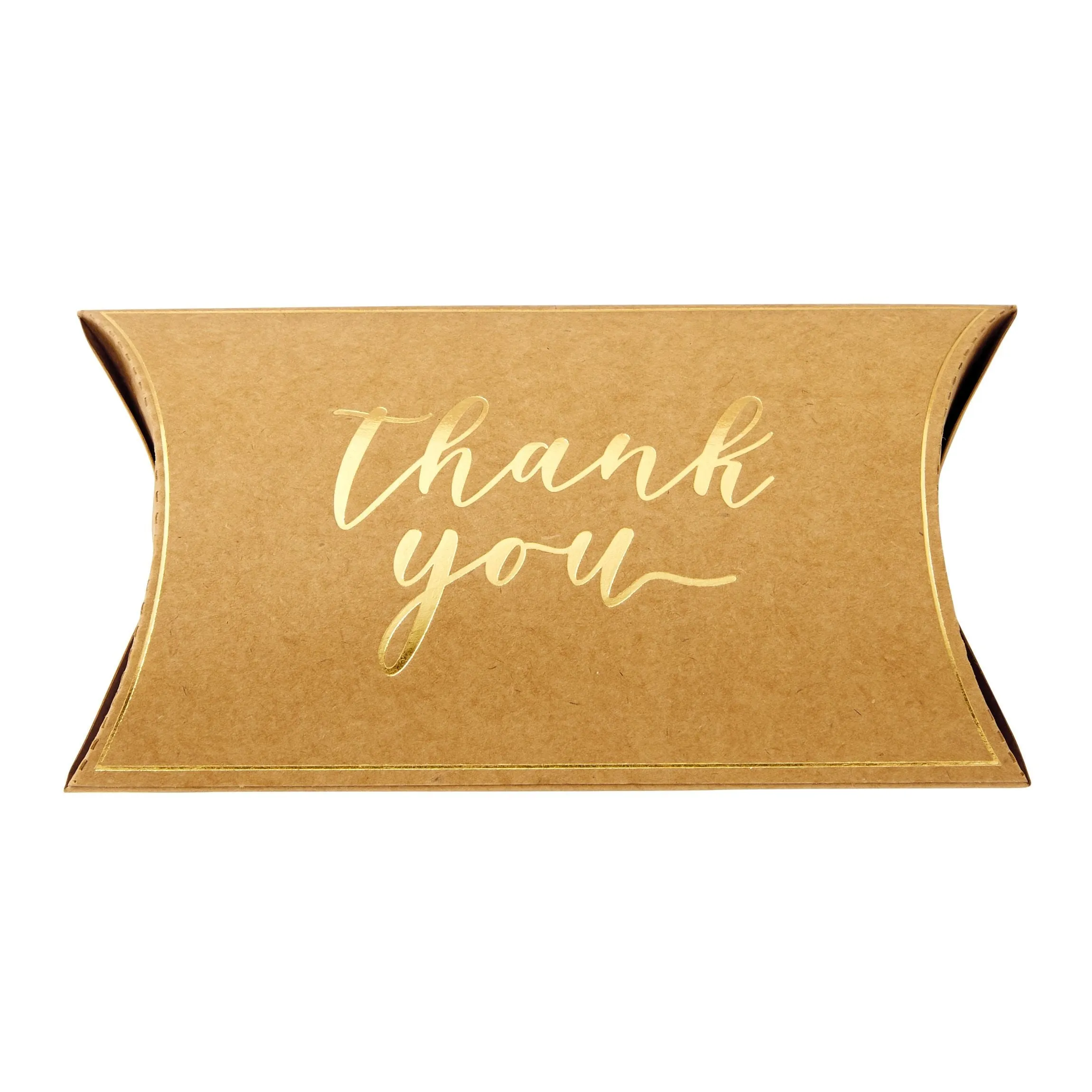 100-Pack Wedding Favor Pillow Boxes, Bulk 5.2x3.2-Inch Kraft Paper Thank You Gift Boxes with 1 Roll Jute String for Party Favors (Brown with Gold Script)