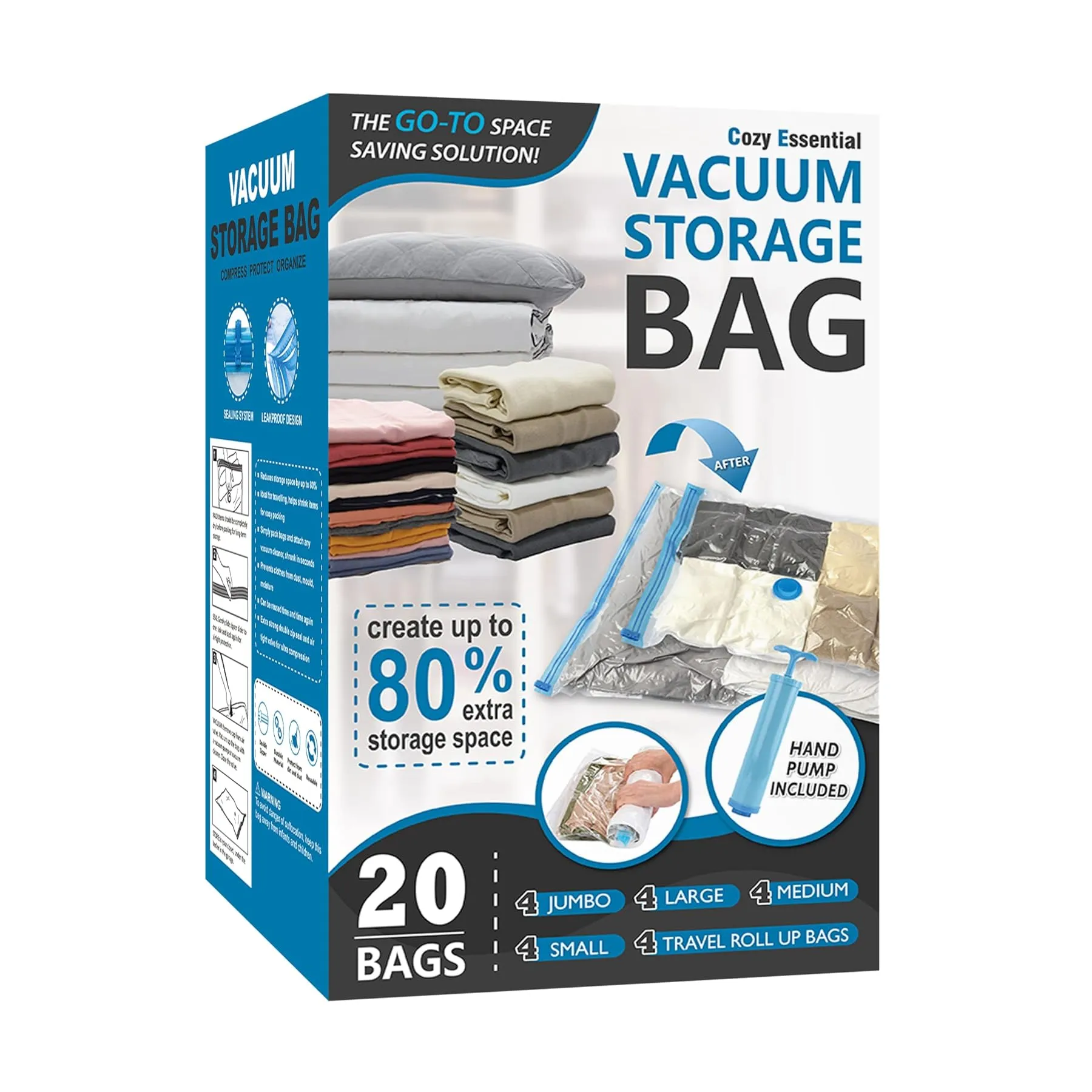 20 Pack Vacuum Storage Bags, Space Saver Bags (4 Jumbo/4 Large/4 Medium/4 Small/4 Roll) Compression for Comforters and Blankets, Sealer Clothes Storage, Hand Pump Included