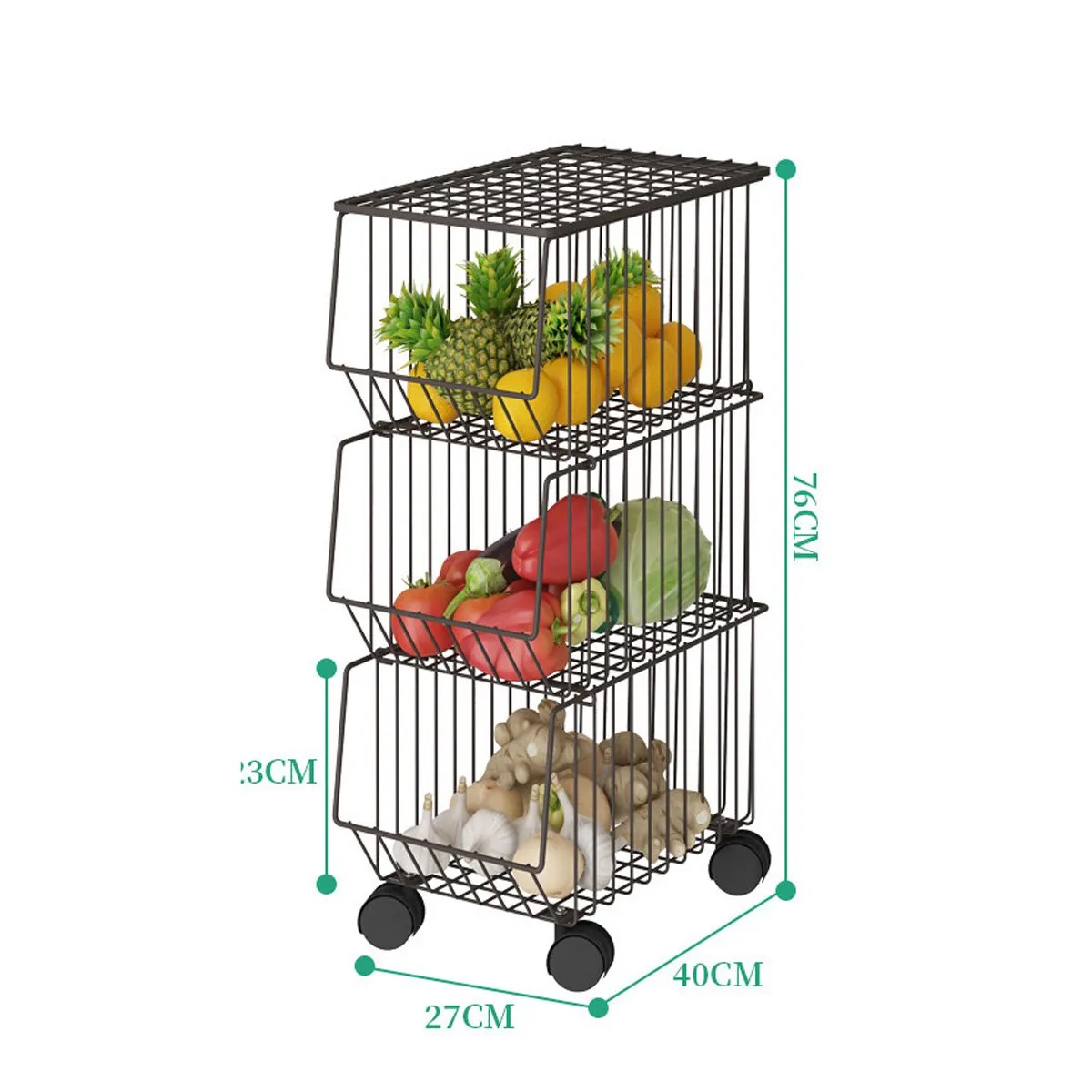 3 Tier Kitchen Rolling Cart Fruit Vegetable Basket Stand Brown