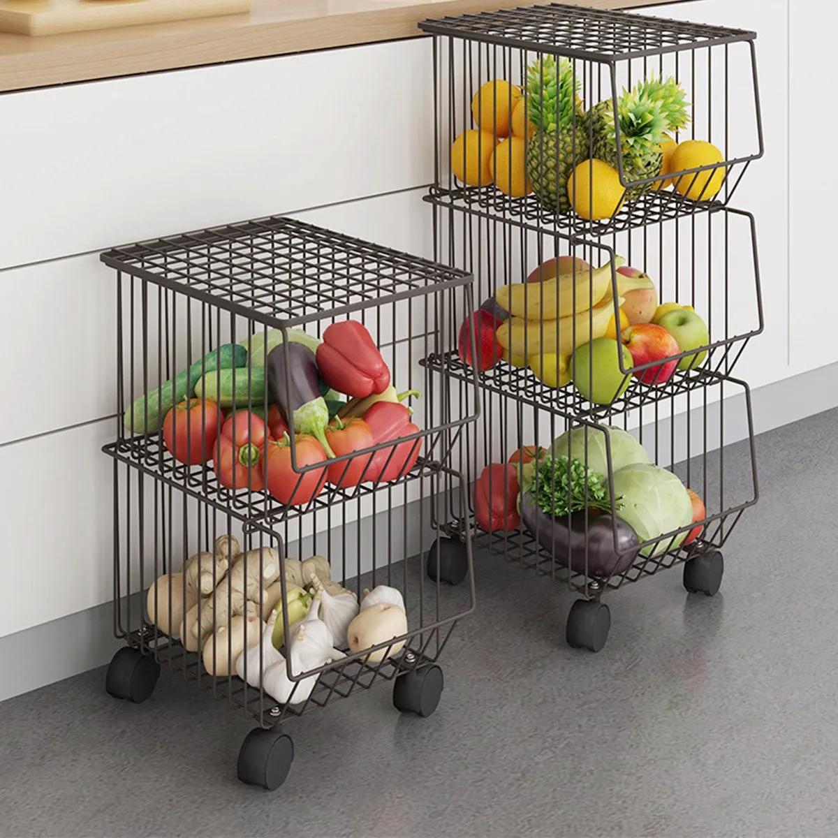 3 Tier Kitchen Rolling Cart Fruit Vegetable Basket Stand Brown