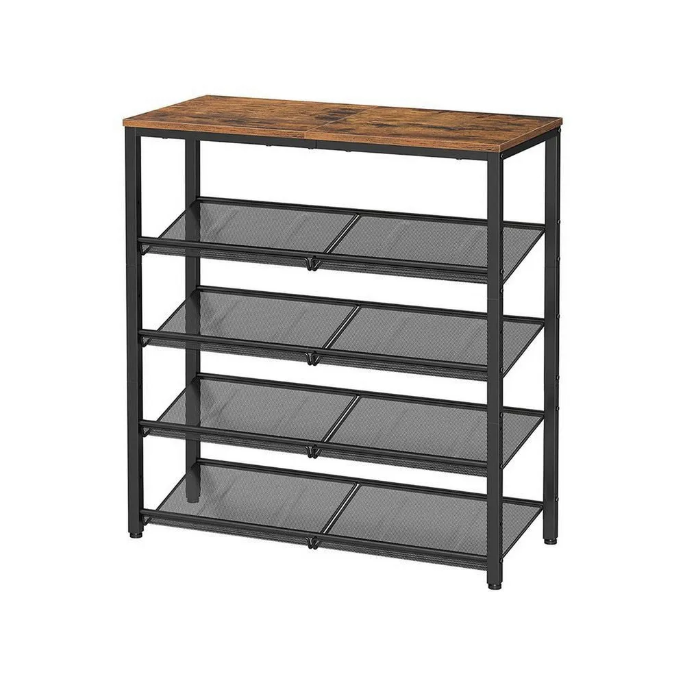 37 Inch Modern 5 Tier Shoe Stand, Adjustable Grill Shelves, Black Metal By Casagear Home