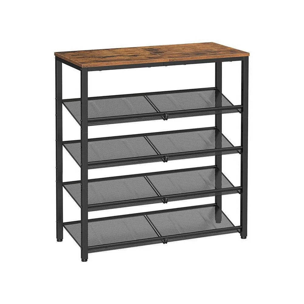 37 Inch Modern 5 Tier Shoe Stand, Adjustable Grill Shelves, Black Metal By Casagear Home