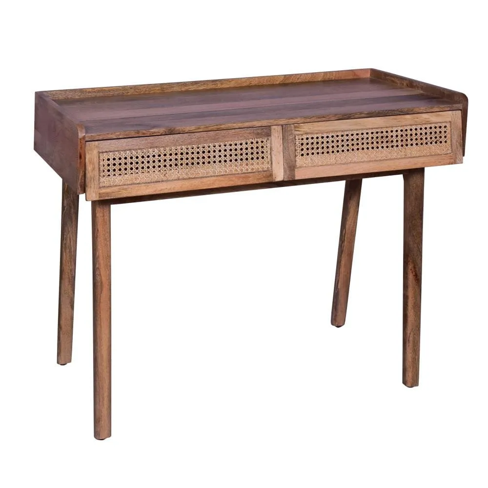 39 Inch Handcrafted Mango Wood Farmhouse Writing Desk, 2 Rattan Front Drawers, Oak Brown By The Urban Port