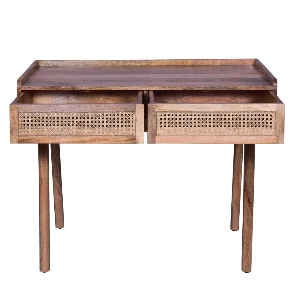 39 Inch Handcrafted Mango Wood Farmhouse Writing Desk, 2 Rattan Front Drawers, Oak Brown By The Urban Port