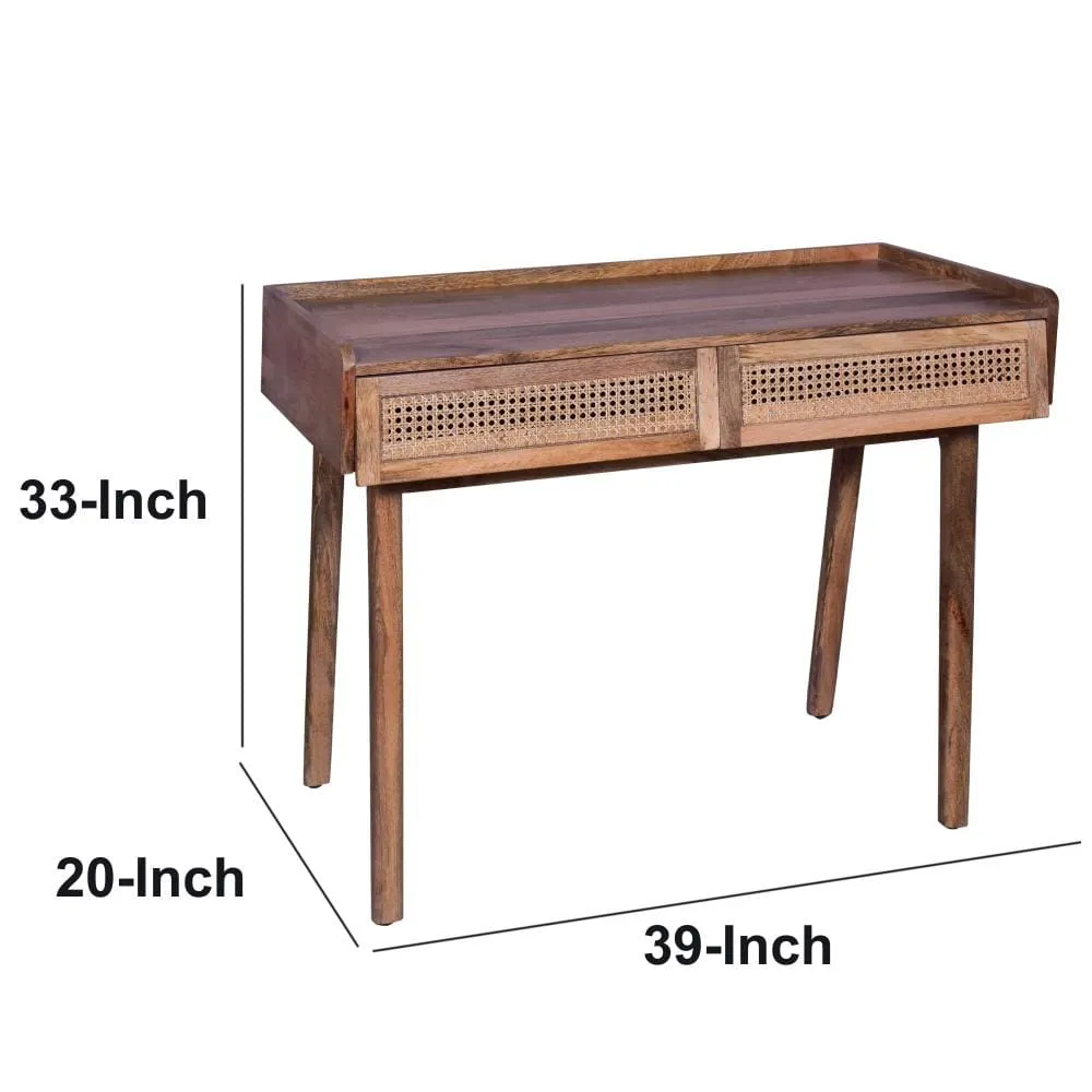 39 Inch Handcrafted Mango Wood Farmhouse Writing Desk, 2 Rattan Front Drawers, Oak Brown By The Urban Port