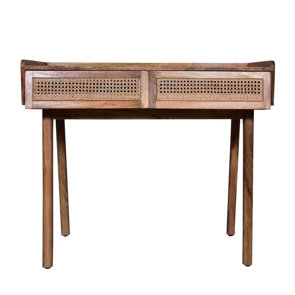 39 Inch Handcrafted Mango Wood Farmhouse Writing Desk, 2 Rattan Front Drawers, Oak Brown By The Urban Port