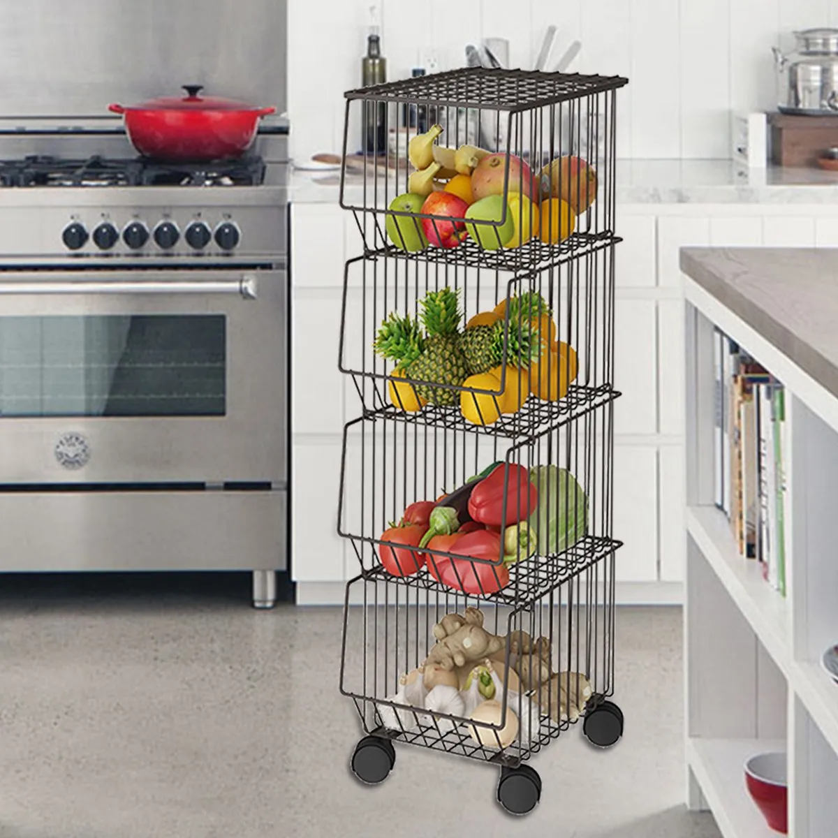 4 Tier Kitchen Rolling Cart Fruit Vegetable Basket Stand Brown