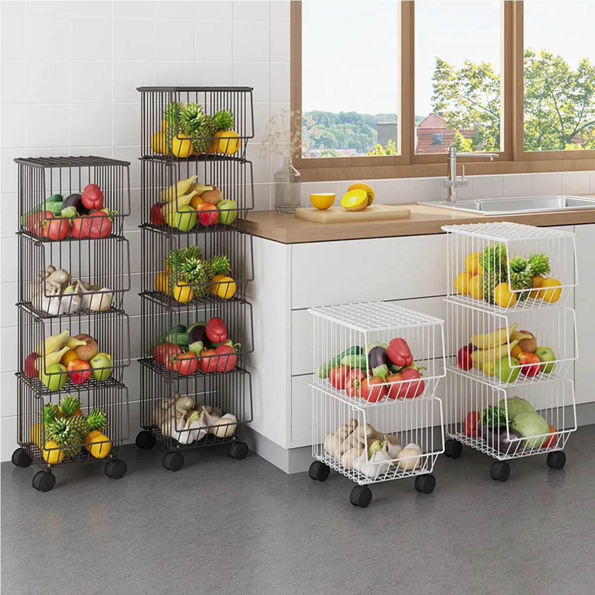 4 Tier Kitchen Rolling Cart Fruit Vegetable Basket Stand Brown