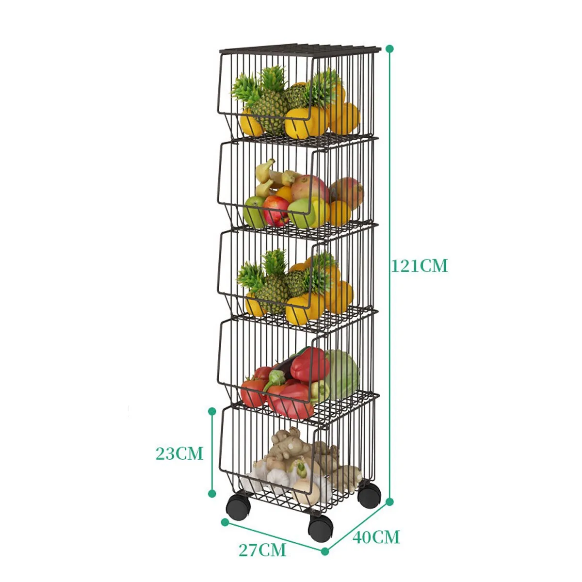 5 Tier Kitchen Rolling Cart Fruit Vegetable Basket Stand Brown