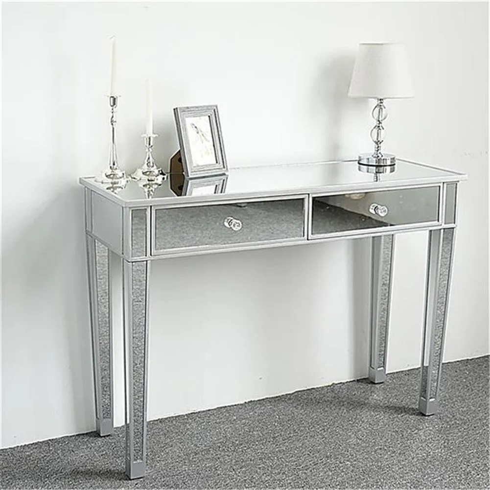 AMYOVE Dressing Table Bedroom Table Glass Mirror Table with Two Drawers Silver