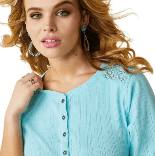 Ariat Women's REAL Pointelle Gulf Stream Aqua Henley Long Sleeve Shirt 10043414