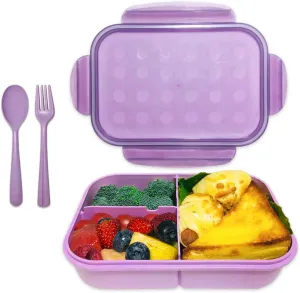 Bento Box, ASYH 3 Compartment Japanese Lunch Box Reusable Lunch Dinner Containers with Fork Spoon for Adults Kids School Office Food Grade BPA Free Microwave Safe (Purple-1150ML)