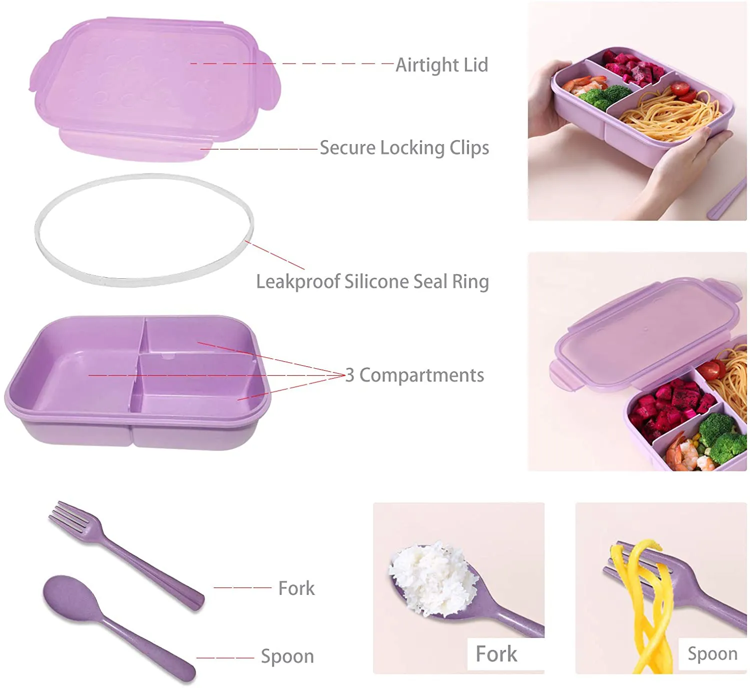 Bento Box, ASYH 3 Compartment Japanese Lunch Box Reusable Lunch Dinner Containers with Fork Spoon for Adults Kids School Office Food Grade BPA Free Microwave Safe (Purple-1150ML)