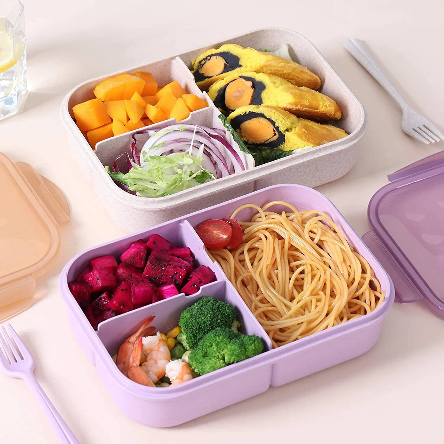 Bento Box, ASYH 3 Compartment Japanese Lunch Box Reusable Lunch Dinner Containers with Fork Spoon for Adults Kids School Office Food Grade BPA Free Microwave Safe (Purple-1150ML)