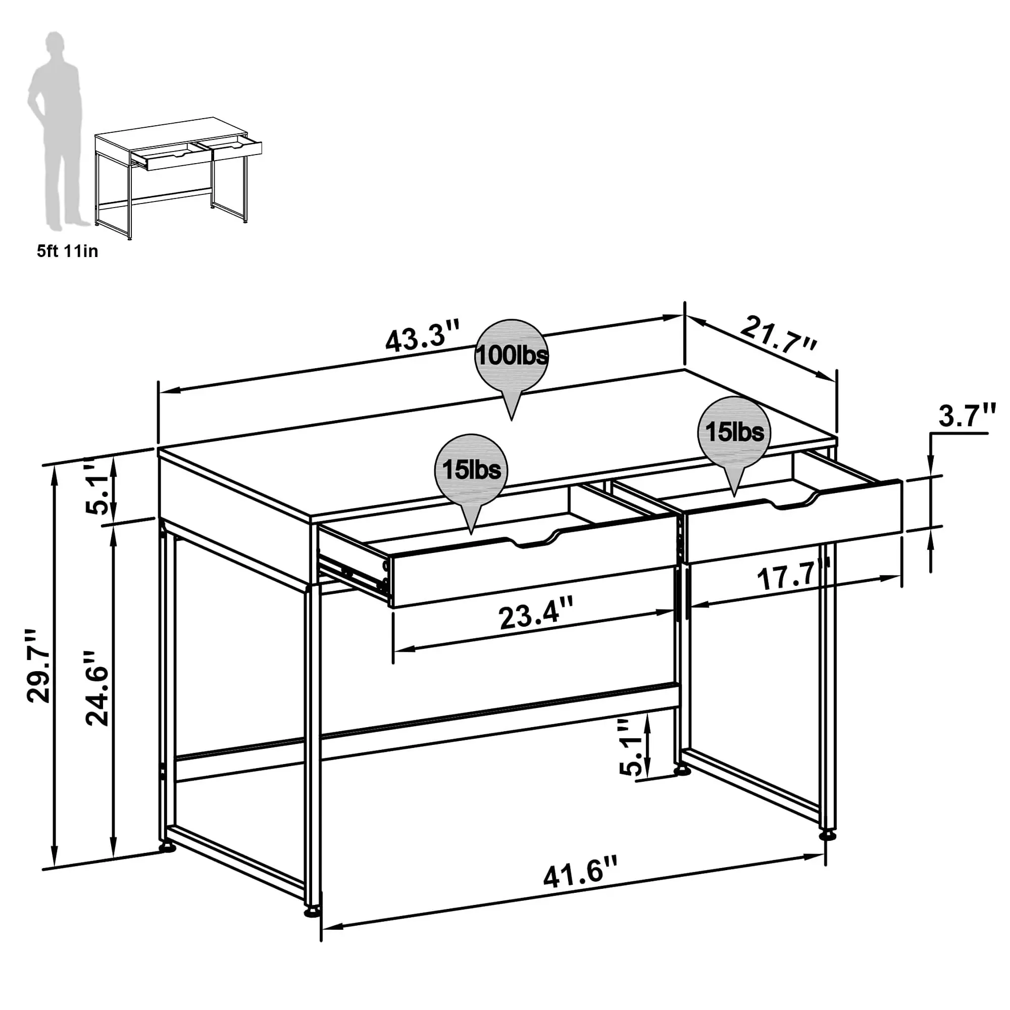 Bestier Rectangular Writing Computer Desk with Two Drawers