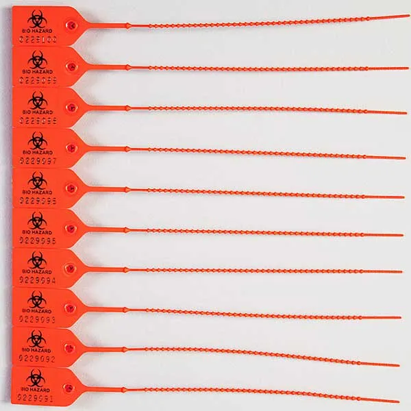 Biohazard Pull-Tight Plastic Zip-Tight Seals, Numbered, Orange