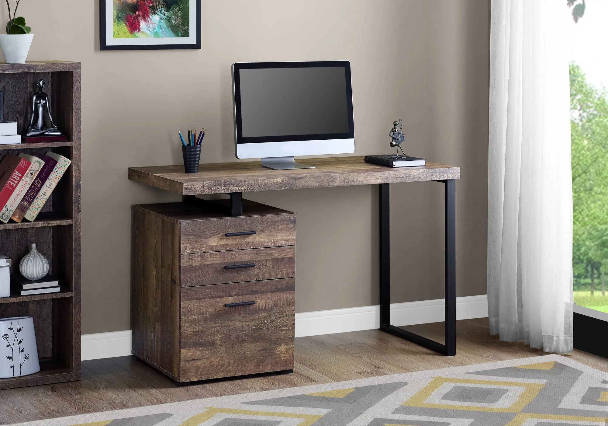 Computer Desk, Home Office, Laptop, Left, Right Set-up, Storage Drawers, 48"l, Work, Brown Laminate, Black Metal, Contemporary, Modern