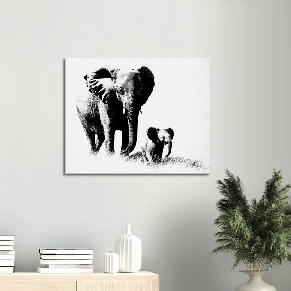 Decorative Wall Art / Black and White Canvas Elephant Print