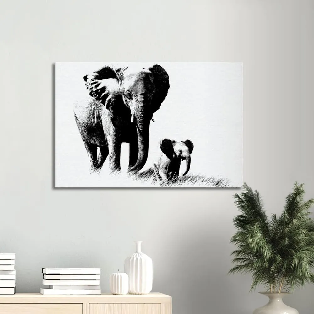 Decorative Wall Art / Black and White Canvas Elephant Print