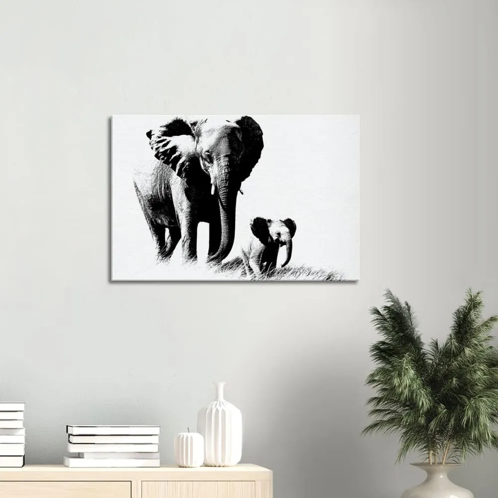 Decorative Wall Art / Black and White Canvas Elephant Print