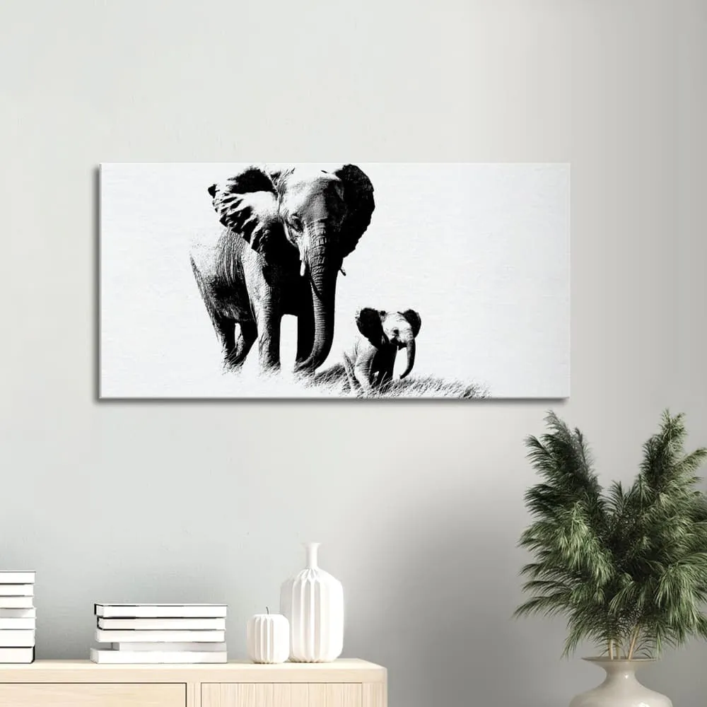 Decorative Wall Art / Black and White Canvas Elephant Print