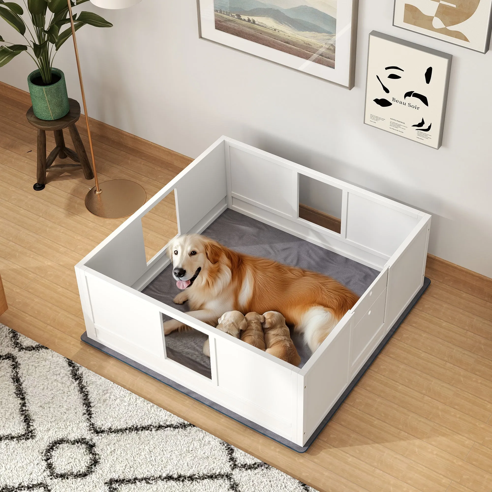 Dog Whelping Box with Whelping Pad, Adjustable Entrance, 124 x 120cm