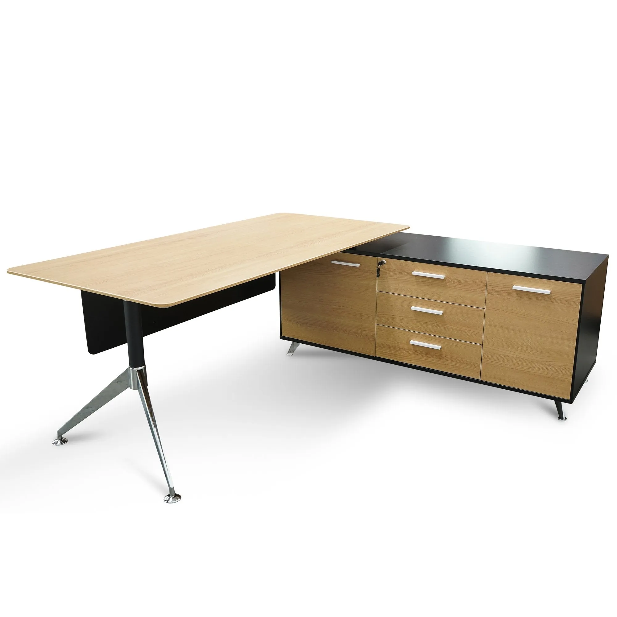 Excel 1.95m Right Return Black Executive Desk - Natural Top and Drawers