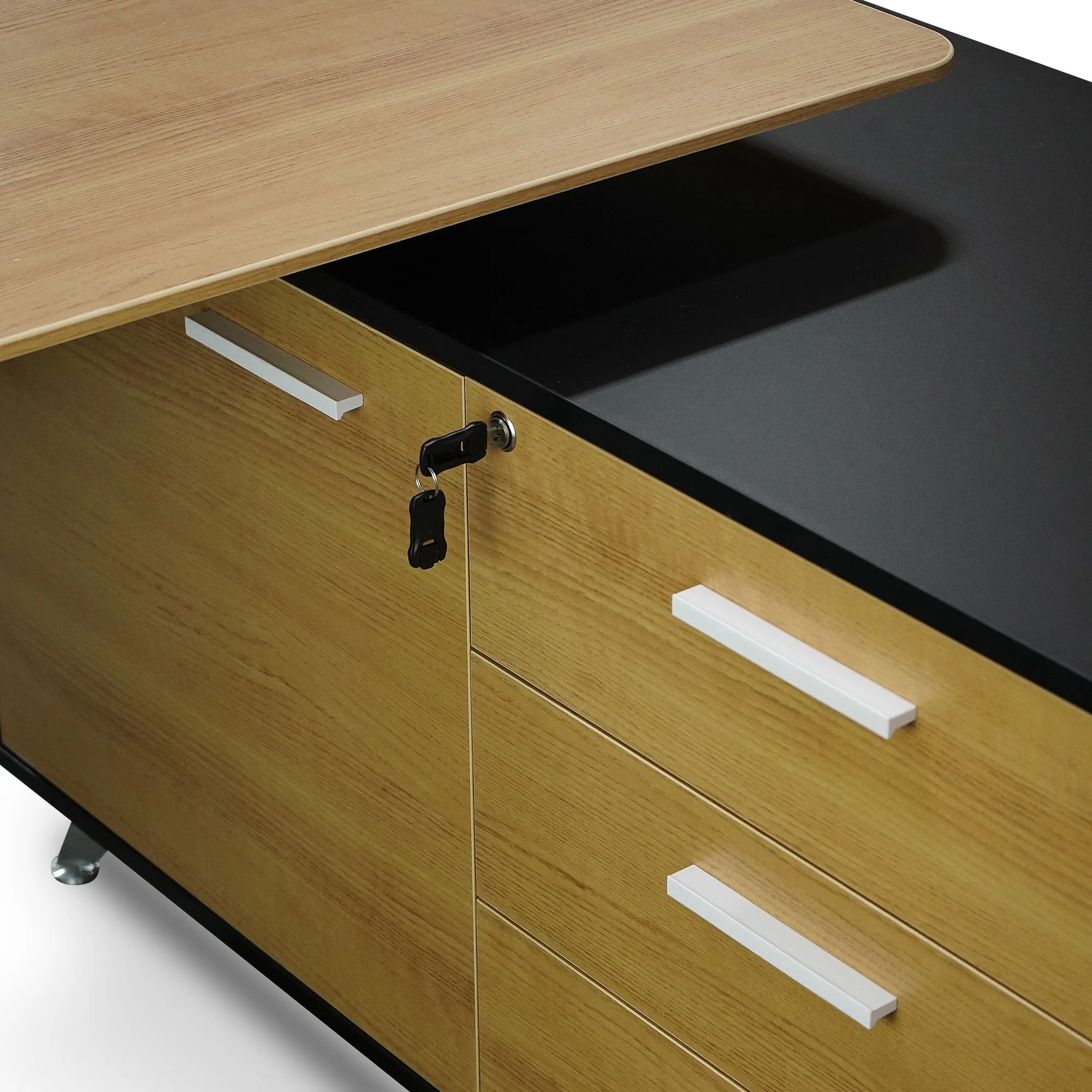 Excel 1.95m Right Return Black Executive Desk - Natural Top and Drawers