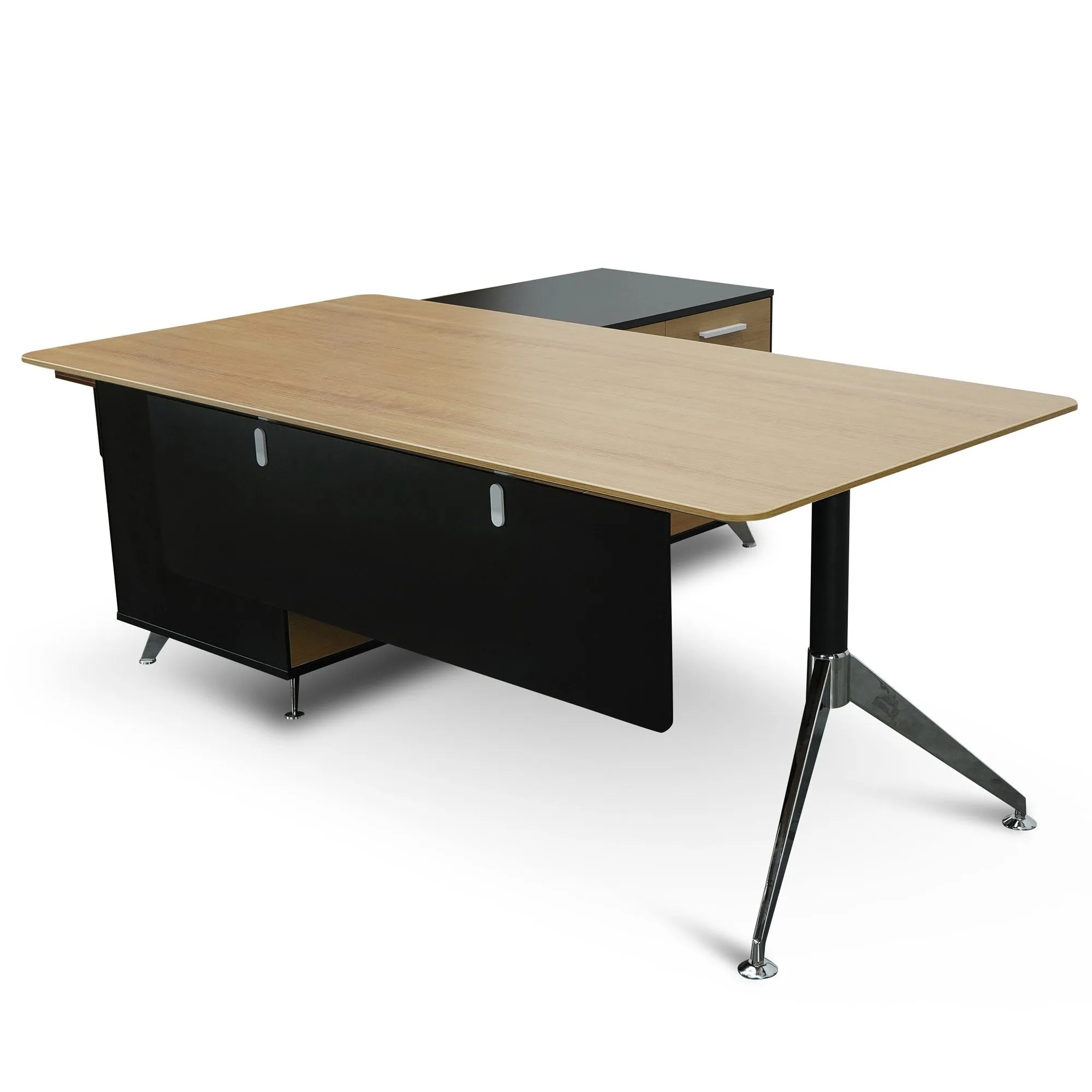 Excel 1.95m Right Return Black Executive Desk - Natural Top and Drawers