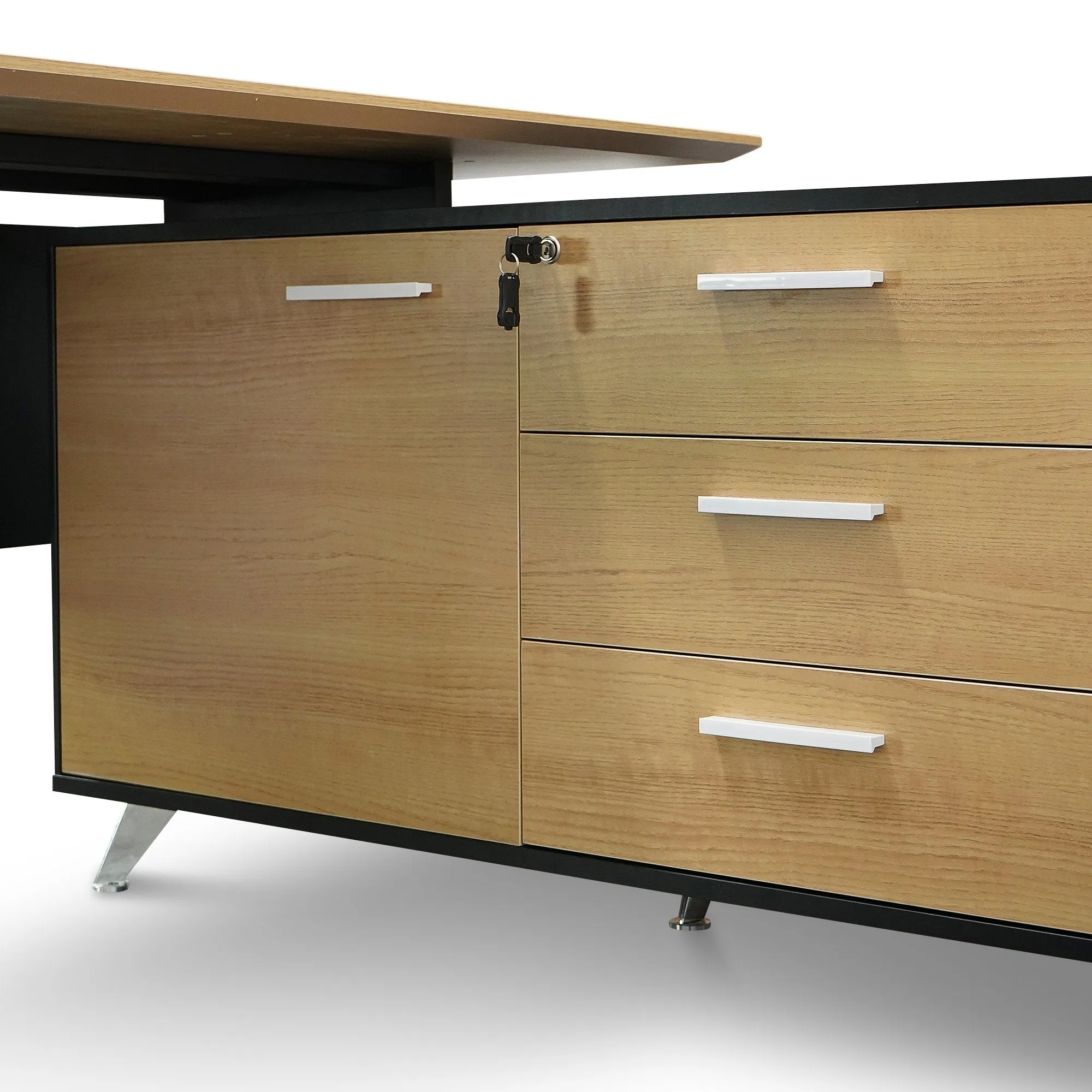 Excel 1.95m Right Return Black Executive Desk - Natural Top and Drawers