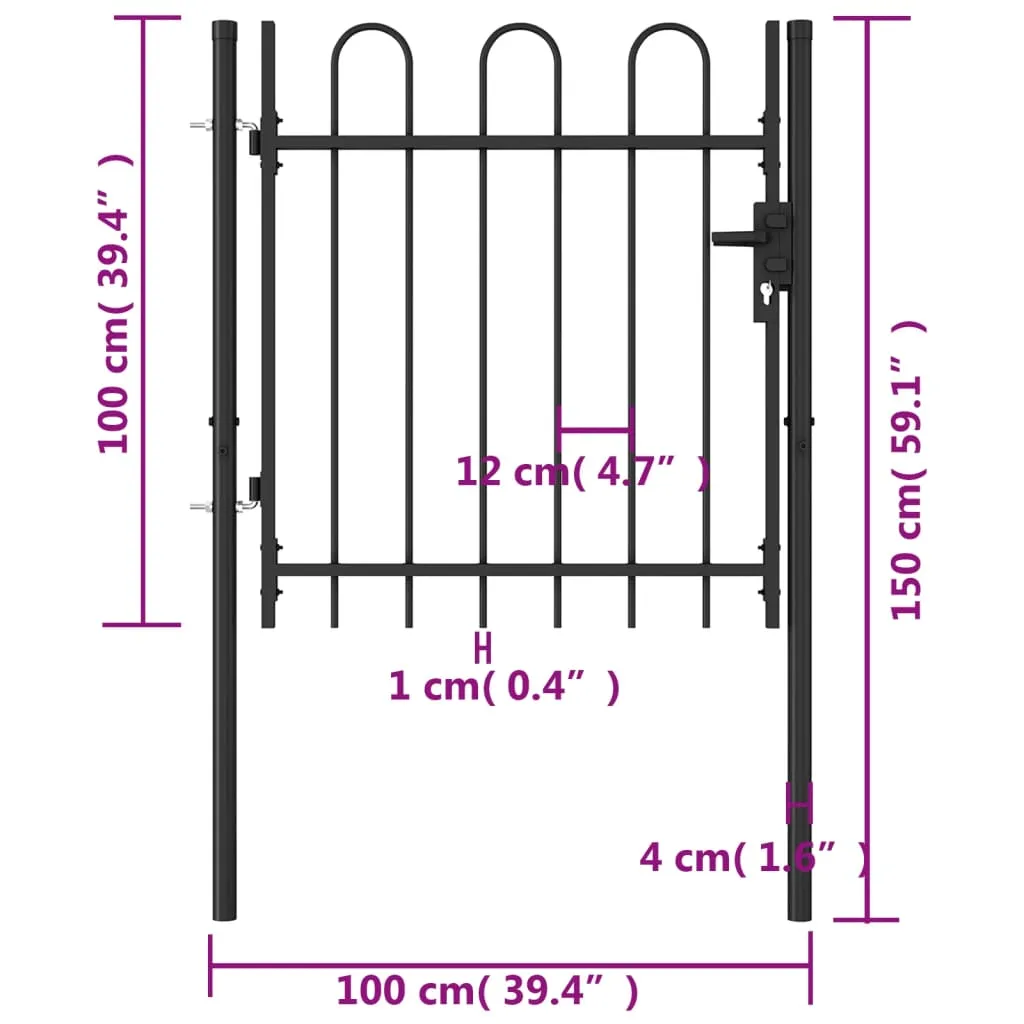 Fence Gate Single Door with Arched Top Steel 1x1 m Black