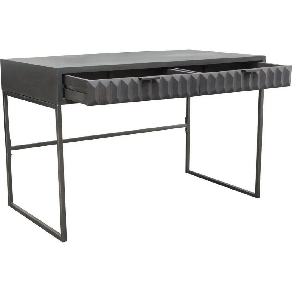 Fiva 47 Inch 2 Drawer Desk, Embossed Geometric Patterns, Smoke Gray Wood By Casagear Home