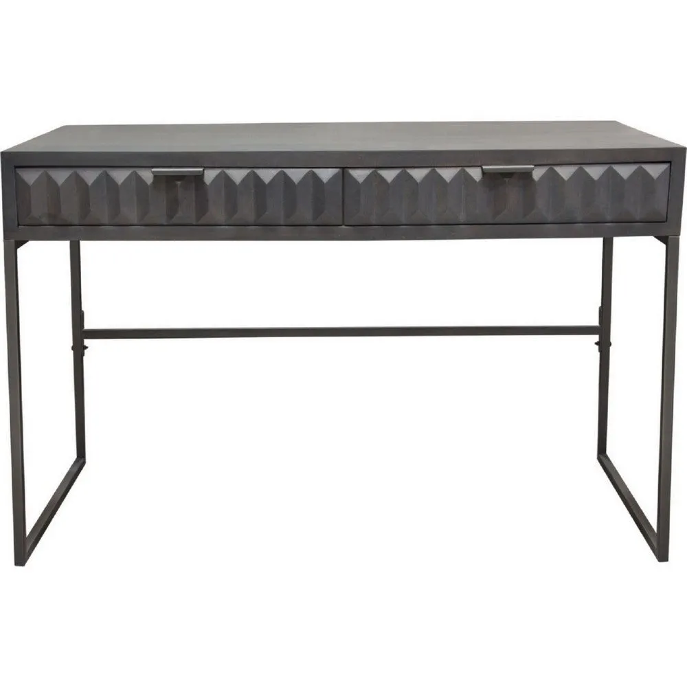 Fiva 47 Inch 2 Drawer Desk, Embossed Geometric Patterns, Smoke Gray Wood By Casagear Home