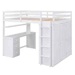 Full size Loft Bed with Drawers,Desk,and Wardrobe-White