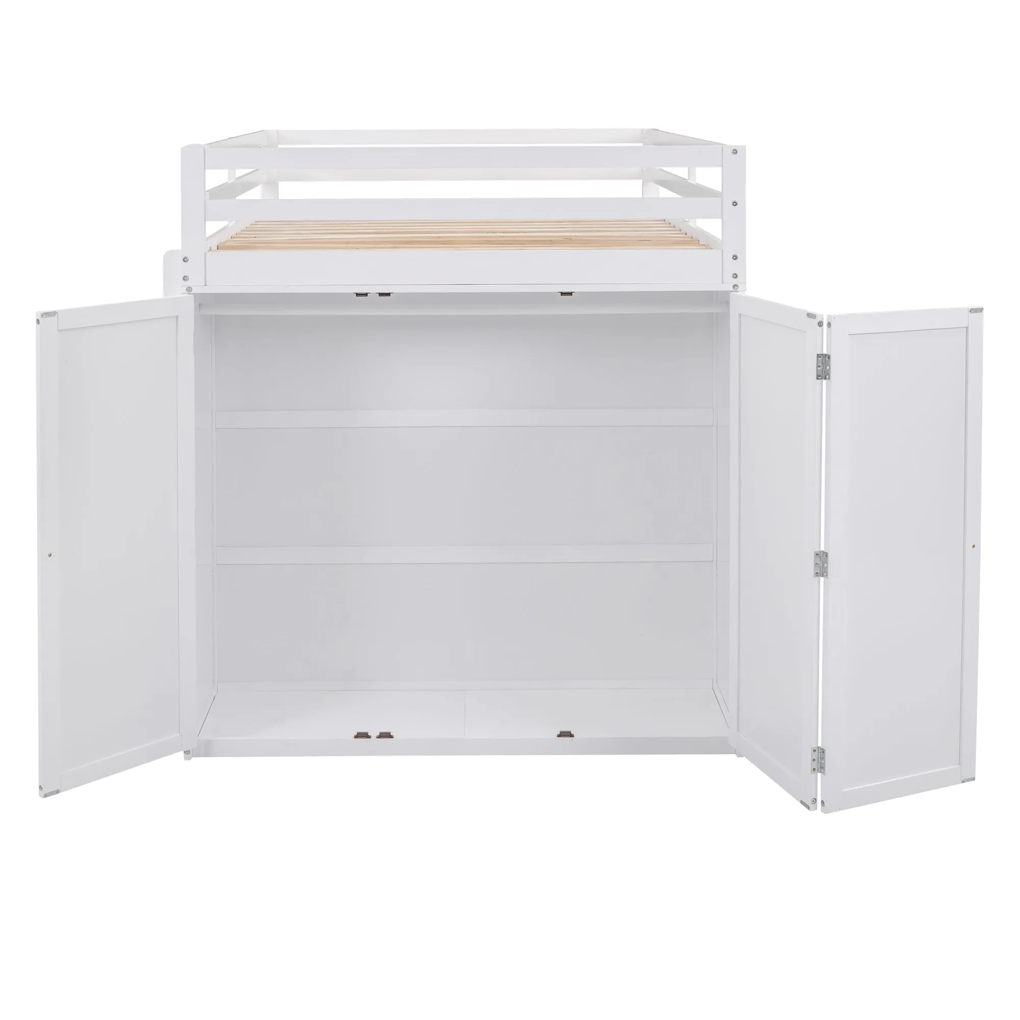 Full size Loft Bed with Drawers,Desk,and Wardrobe-White