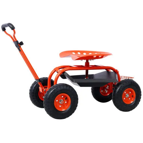 Garden Cart Rolling Scooter, Adjustable Height Heavy Duty Scooter, Rolling Garden Cart with 4 Wheels and Extendable Handle, Garden Stool Cart with 360-Degree Seat and Tool Tray (Red)