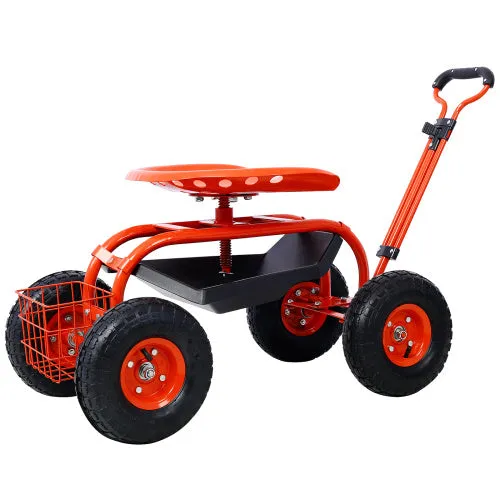 Garden Cart Rolling Scooter, Adjustable Height Heavy Duty Scooter, Rolling Garden Cart with 4 Wheels and Extendable Handle, Garden Stool Cart with 360-Degree Seat and Tool Tray (Red)