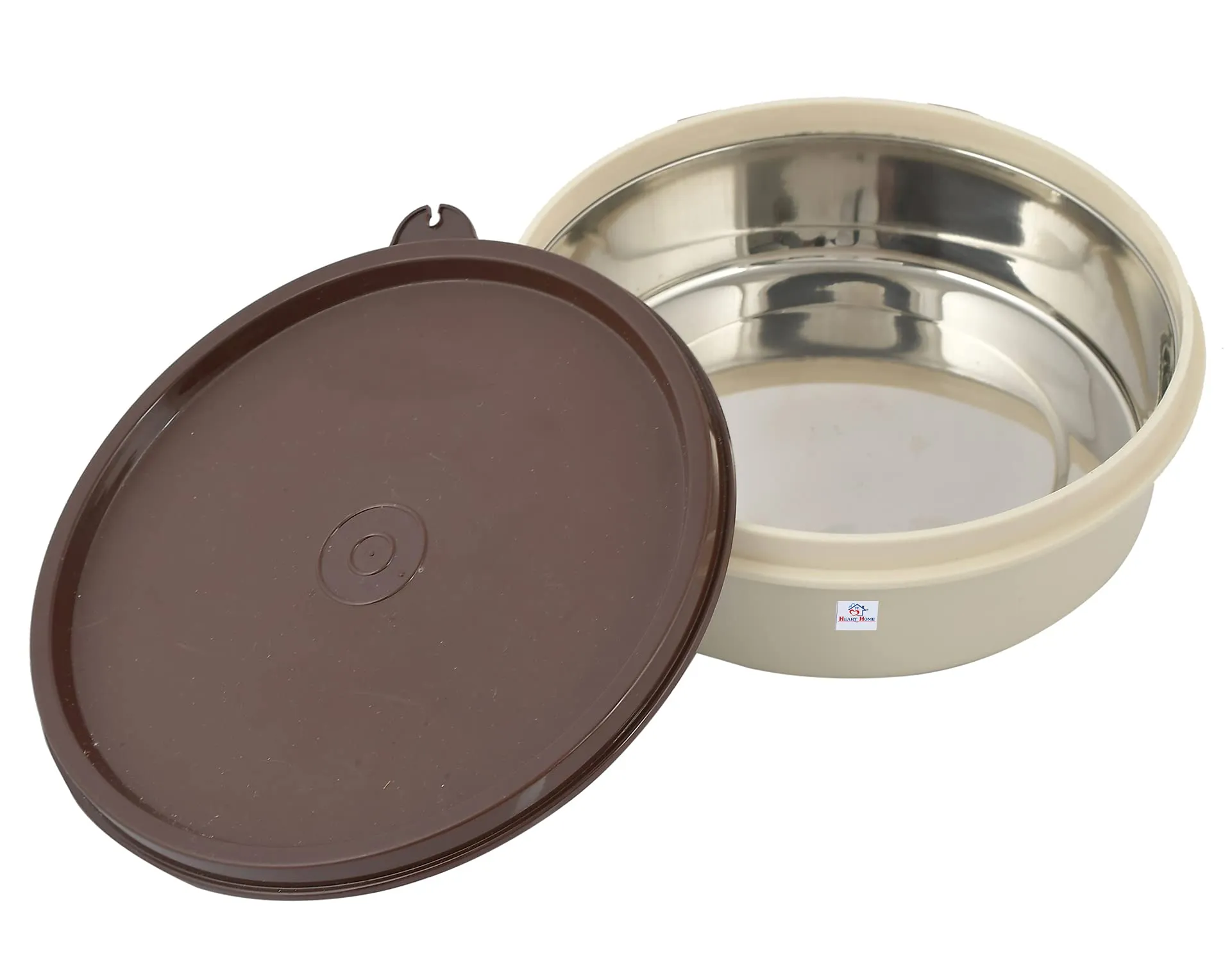 Heart Home Set of 2 Microwave Safe Inner Steel Lunch Containers (Cream & Brown)-HS42HEARTH25142