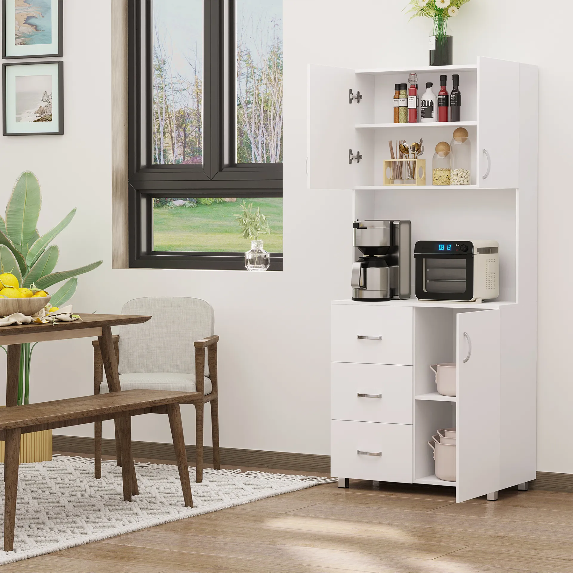 HOMCOM Free Standing Kitchen Cupboard | Stylish White Storage Cabinet with Adjustable Shelves and Drawers