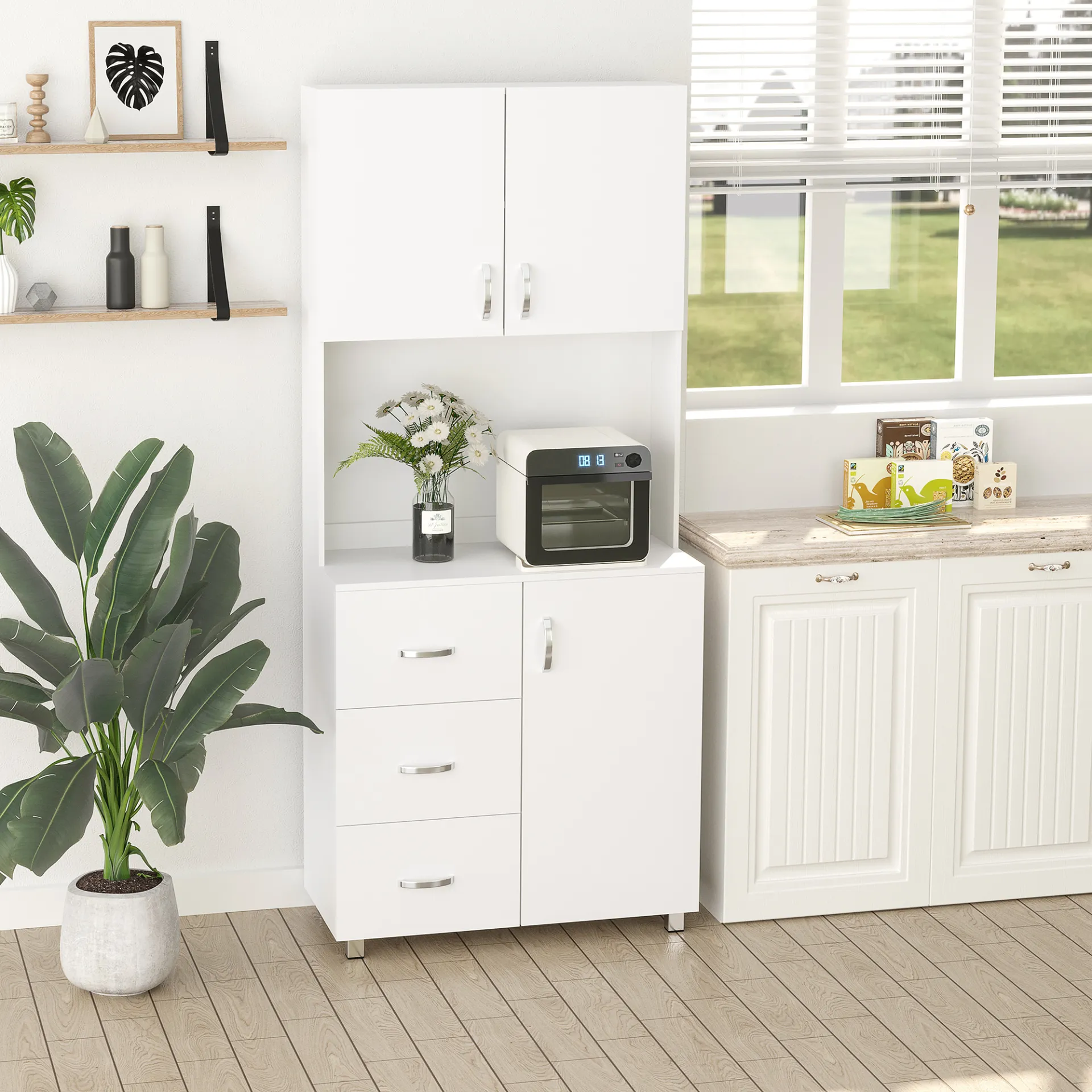 HOMCOM Free Standing Kitchen Cupboard | Stylish White Storage Cabinet with Adjustable Shelves and Drawers