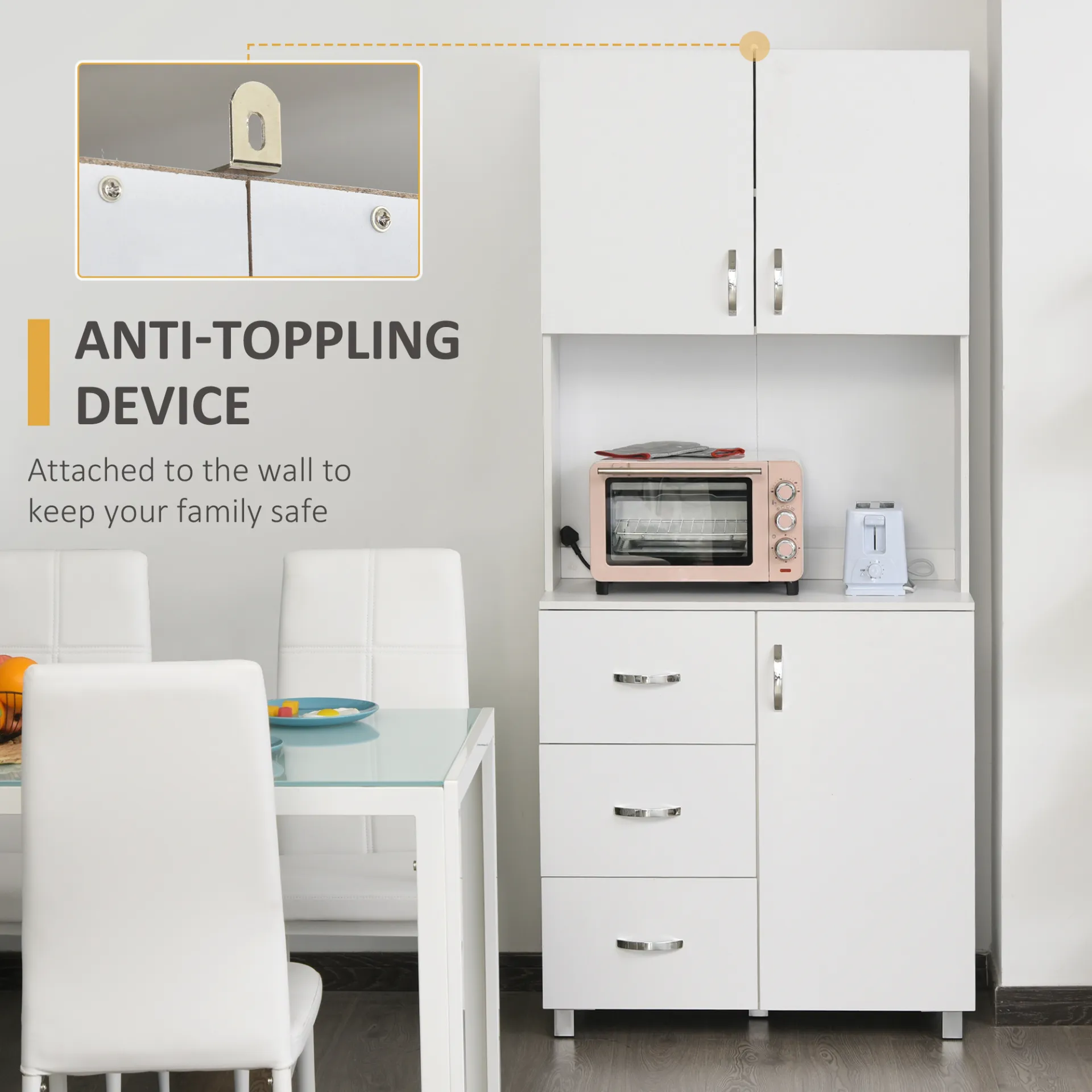 HOMCOM Free Standing Kitchen Cupboard | Stylish White Storage Cabinet with Adjustable Shelves and Drawers