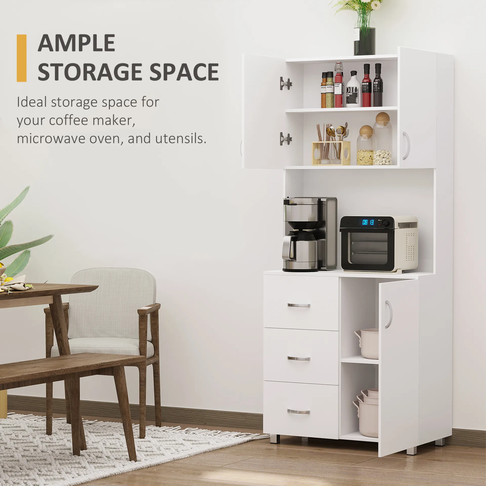 HOMCOM Free Standing Kitchen Cupboard | Stylish White Storage Cabinet with Adjustable Shelves and Drawers