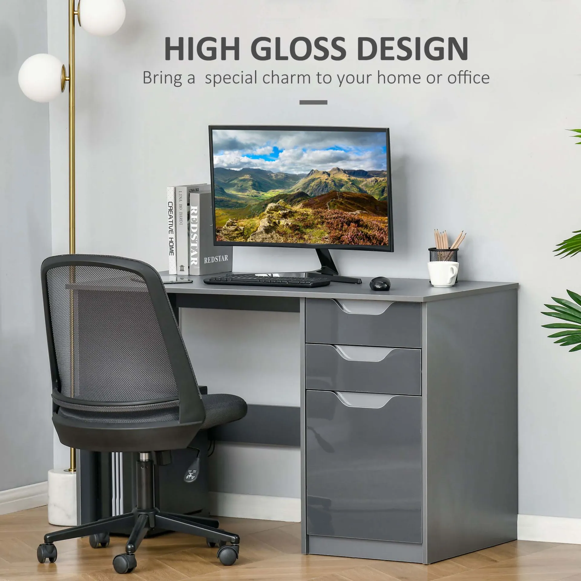 HOMCOM High Gloss Computer Desk with Drawers, Modern Writing Workstation, Grey - Stylish and Functional Home Office Desk