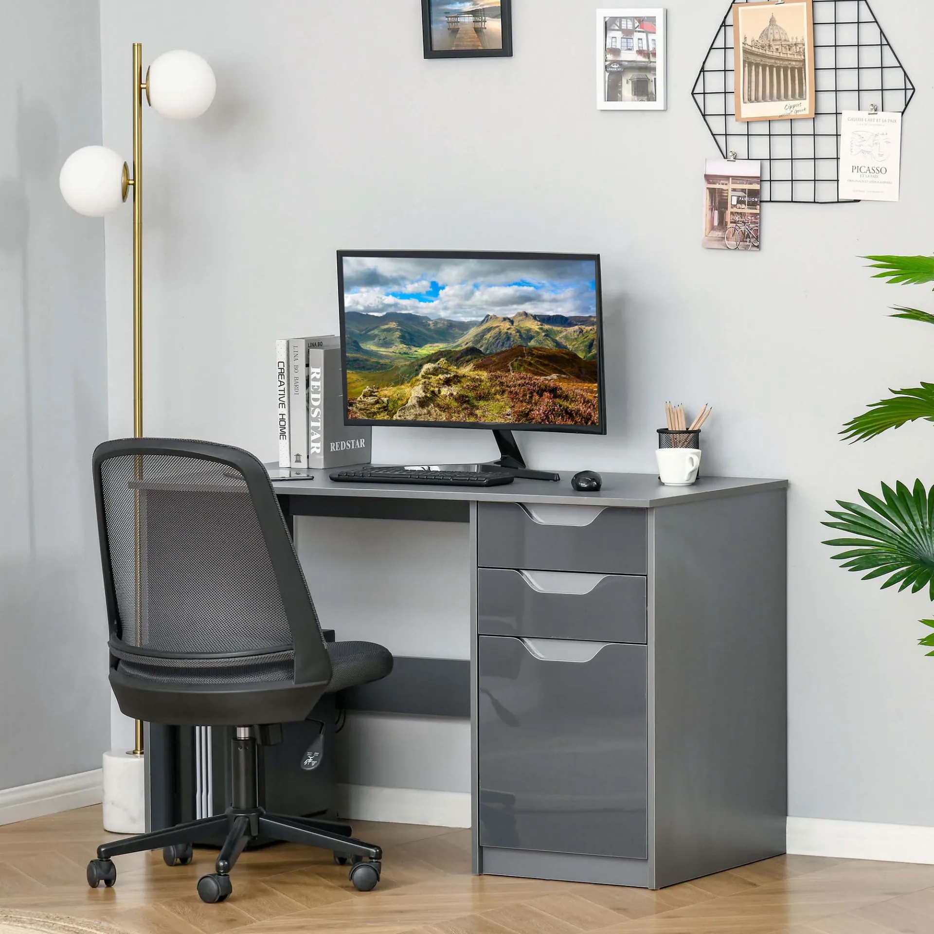 HOMCOM High Gloss Computer Desk with Drawers, Modern Writing Workstation, Grey - Stylish and Functional Home Office Desk