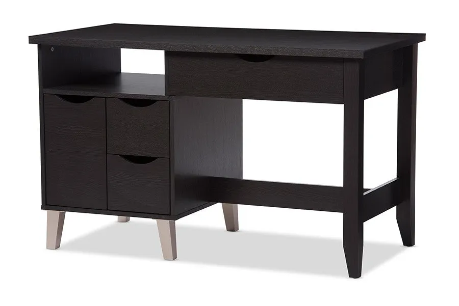 Home Office Mckenzie Dark Brown Wood 3-Drawer Study Desk with Two Open Shelves and Two Shelves