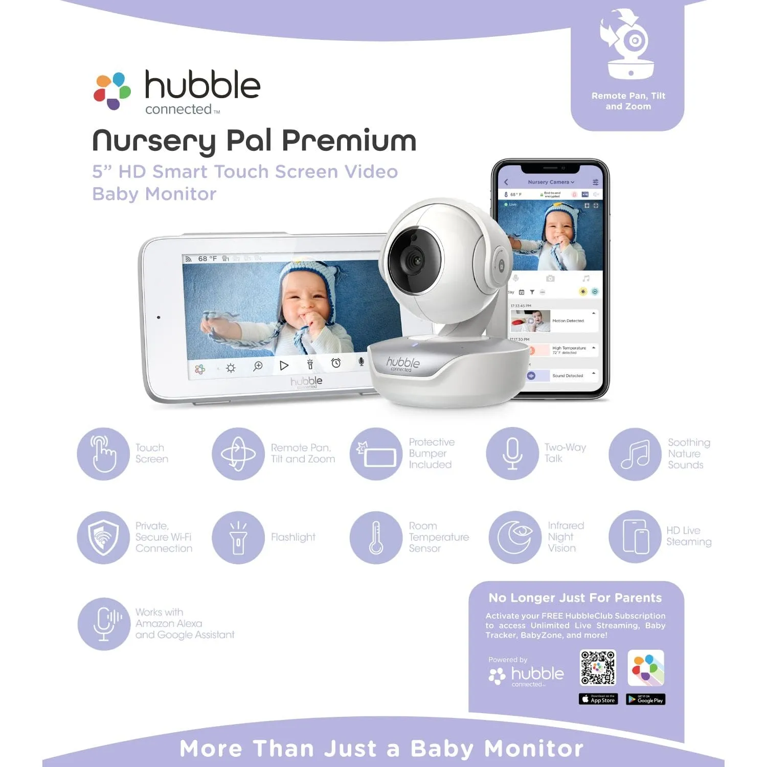 Hubble Connected Nursery Pal Premium Smart HD Touch Screen Viewer With Baby Monitor - White