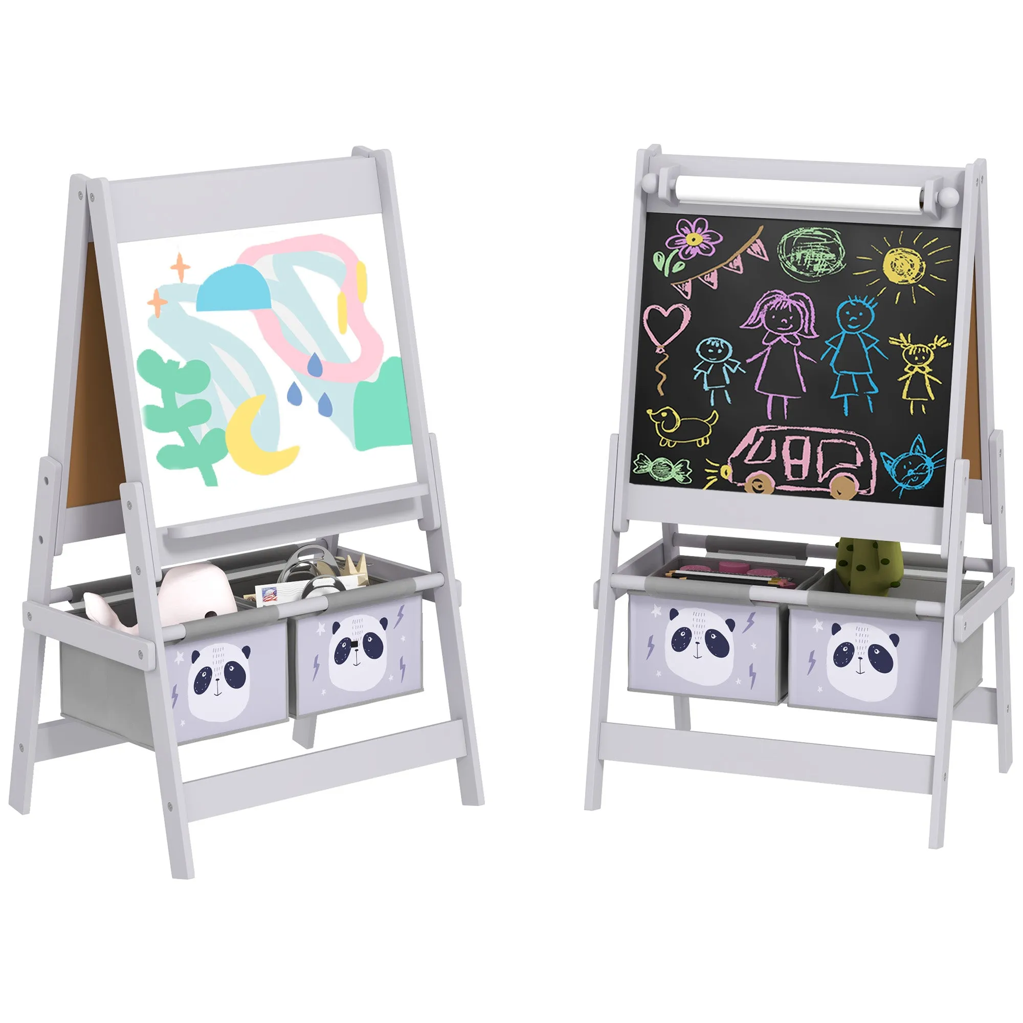 Kids Easel with Paper Roll, Blackboard, Whiteboard, Storage, Grey