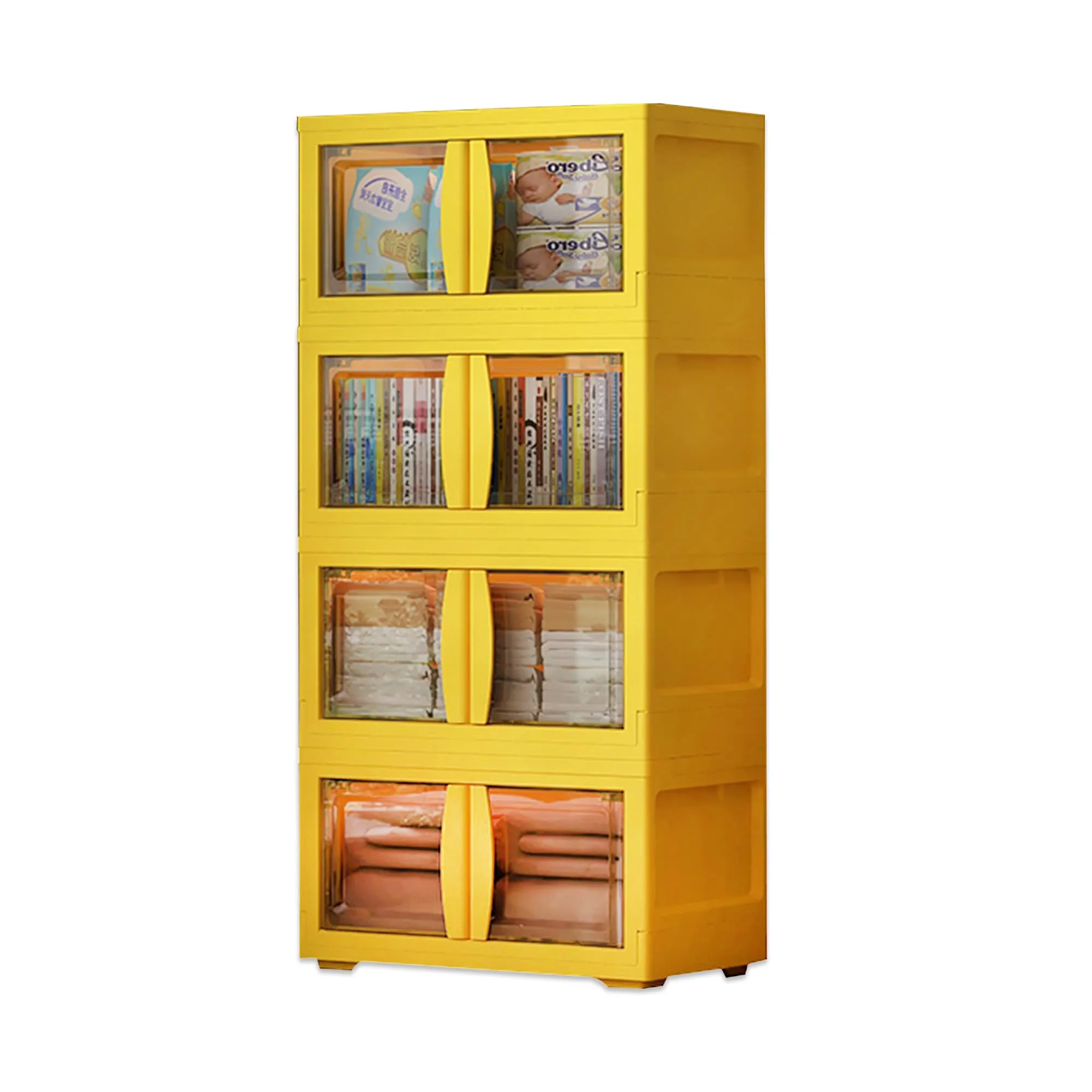 Kuber Industries (Set of 5) 4-Layer Double Door Almirah for Clothes - Collapsible & Foldable Dress Racks/Plastic Cupboard for Storage - Yellow