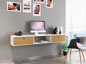 Liberty 62.99 Mid-Century Modern Floating Office Desk with 3 Shelves in Off White and Cinnamon